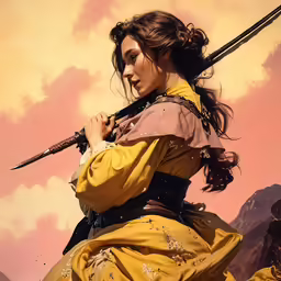 a painting of a woman holding two swords