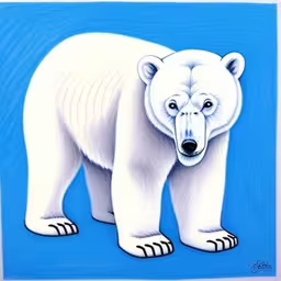 a painting of a white polar bear with blue background