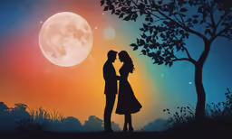 an illustration of a couple holding hands in the moonlight with a tree and moon in the background