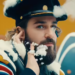 a man wearing a beret with clouds coming out of his ears