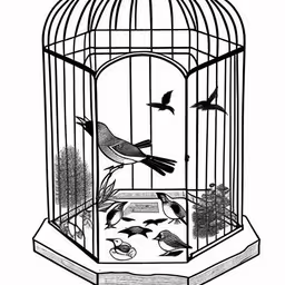 a drawing of birds in a cage with trees in the background,a bird inside a cage that is on top of a base,a drawing of birds in a cage,a cage with birds in it,a drawing of a bird in a cage