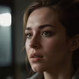 a woman in a gray shirt is staring ahead