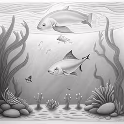 black and white image of fish under the seaweed