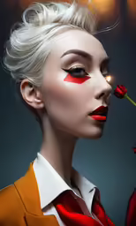 a woman is holding onto a red rose