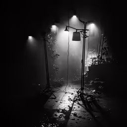 some street lights that are on top of a dark ground