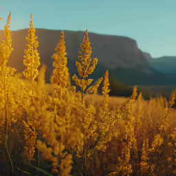 a field with many tall plants near mountains