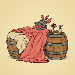 a blanket laying on top of a barrel filled with flowers