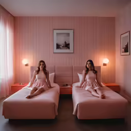 two girls sitting on two pink beds in a bedroom