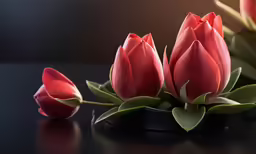 a pair of red flowers with one being larger and the other is smaller