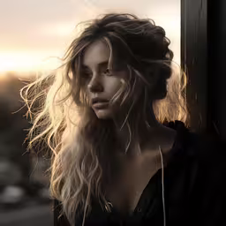 the woman with blonde hair is looking into a window,a woman looking out of a window with her hair in wind