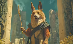 a wolf wearing a costume is standing in front of trees