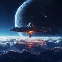 a space ship floats through the sky in front of a planetary earth