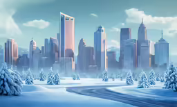 a cityscape in a snowy landscape with a road going through the middle