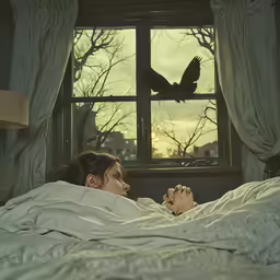 a woman laying in bed in front of a window