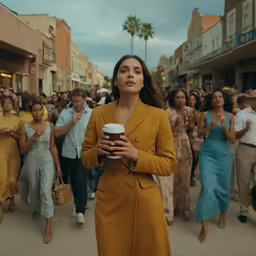 a group of people are walking down the street