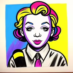 drawing of a woman with short blonde hair wearing a tie,a colorful drawing of a woman in front of yellow, pink, blue, and purple background,a girl with colorful hair is wearing a tie and looking off to the side,an art print with a woman wearing a tie in pop art style,a drawing of a woman with colored hair and eyes