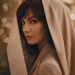 a woman in tan, posing under a blanket