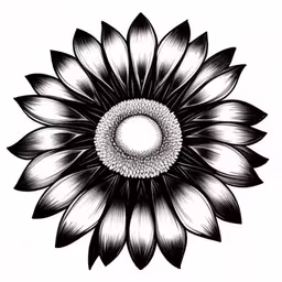 a black and white drawing of a sunflower