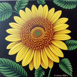 the yellow flower is painted on a black background,a yellow sunflower painted on a black background