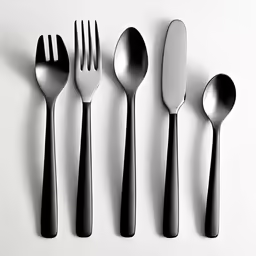 an assortment of black forks and spoons