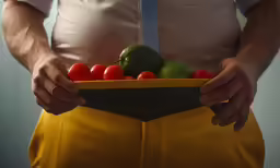 the person in yellow pants is holding a bowl with red and green tomatoes