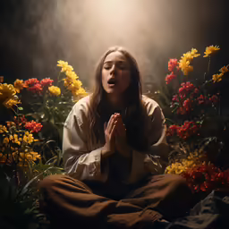 a young girl is seated in a garden filled with flowers
