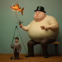a giant fat man standing behind a tiny boy