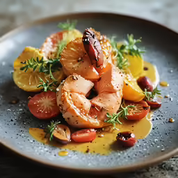 a plate topped with seafood and tomatoes on a table