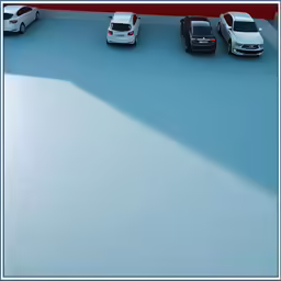an empty parking lot is shown with several vehicles parked