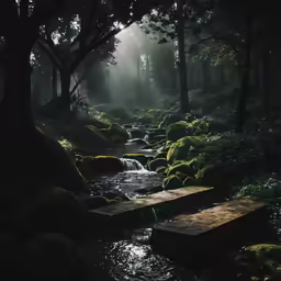 a stream flowing down a forest filled with lots of greenery