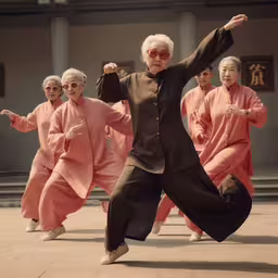 a group of women dressed in black and pink outfits dance,an older man in a long - sleeved mandarin suit dancing