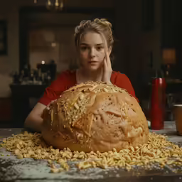 a woman sits at a table surrounded by bread
