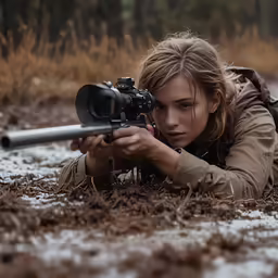 the woman lies on her side holding a rifle