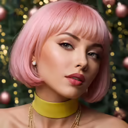 a model with pink hair wearing yellow