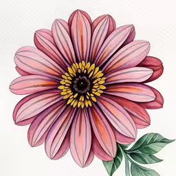 the painting shows a colorful flower with leaves,a pink flower that is on a white surface,painting of a pink flower with a green leaf on a white background,an illustration shows a pink flower with yellow center,a large pink flower with a green stem