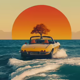 an old - fashioned car with a tree on the top is going down the water