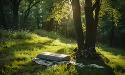 a blanket is lying in the sun near a tree