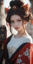 an asian woman is holding her hair in an elegant costume