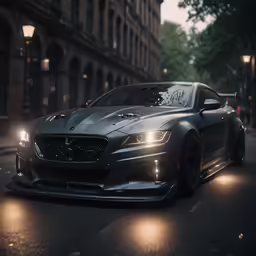 a sports car driving down the street with some lights on