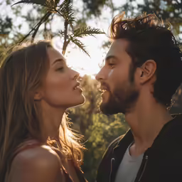 a beautiful young couple kissing in the woods