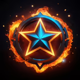 fire and blue and yellow star in a circular logo