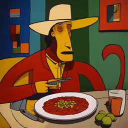 a man eating a plate of food at a table,this is a painting of a man in the wild west eating a bowl of chili