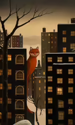 a painting with an orange cat in a city at night