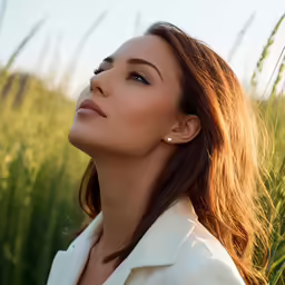 a woman with long brown hair standing in grass