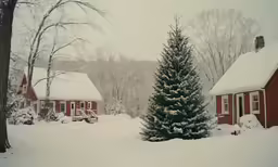 the view of a snow covered street that shows two houses in the snow