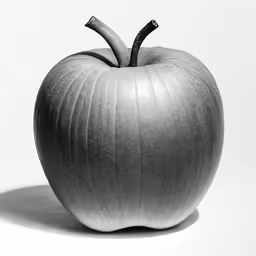 an apple sits upright on a white surface