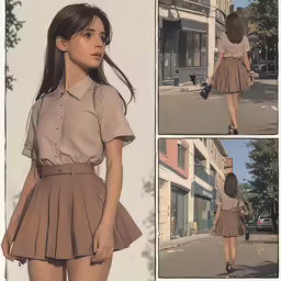 a woman standing on the sidewalk with a shirt over her shoulders