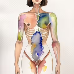 drawing of woman with multiple body parts,a painting of a naked female with painted ribs