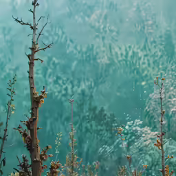 a tree and bushes in the foreground of an evergreen forest