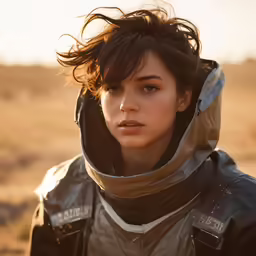 a woman is wearing a leather jacket and she has her hair flying in the wind